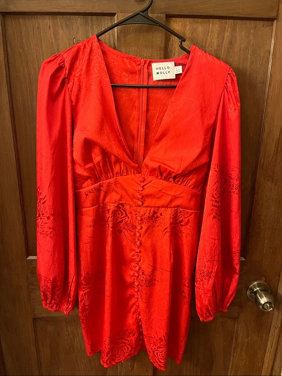Hello Molly Dresses & Skirts - Hello Molly Vibrant Red Satin V-Neck Long Sleeve Mini Dress